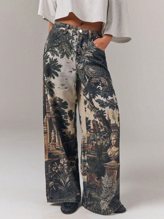 Denim - Brown Tapestry Print Wide Leg Denim Jeans - Extra Long